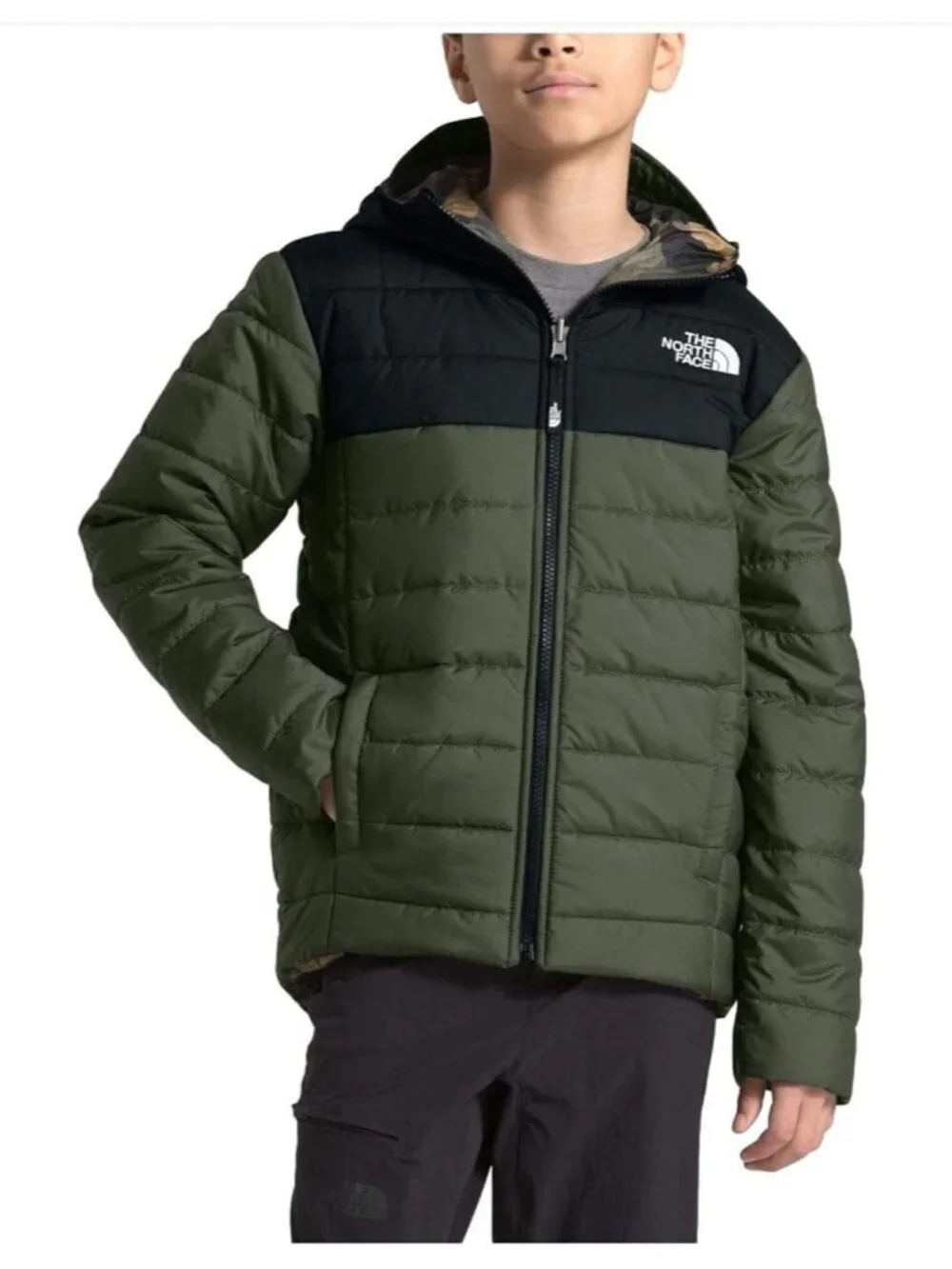The North Face Reversible Green Camo Hooded Puffer Jacket Coat Youth Boys S 7/8